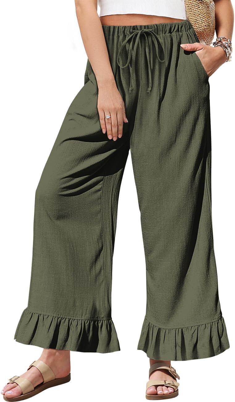 Linen Casual Pants for Women with Ruffle Hem and Pockets