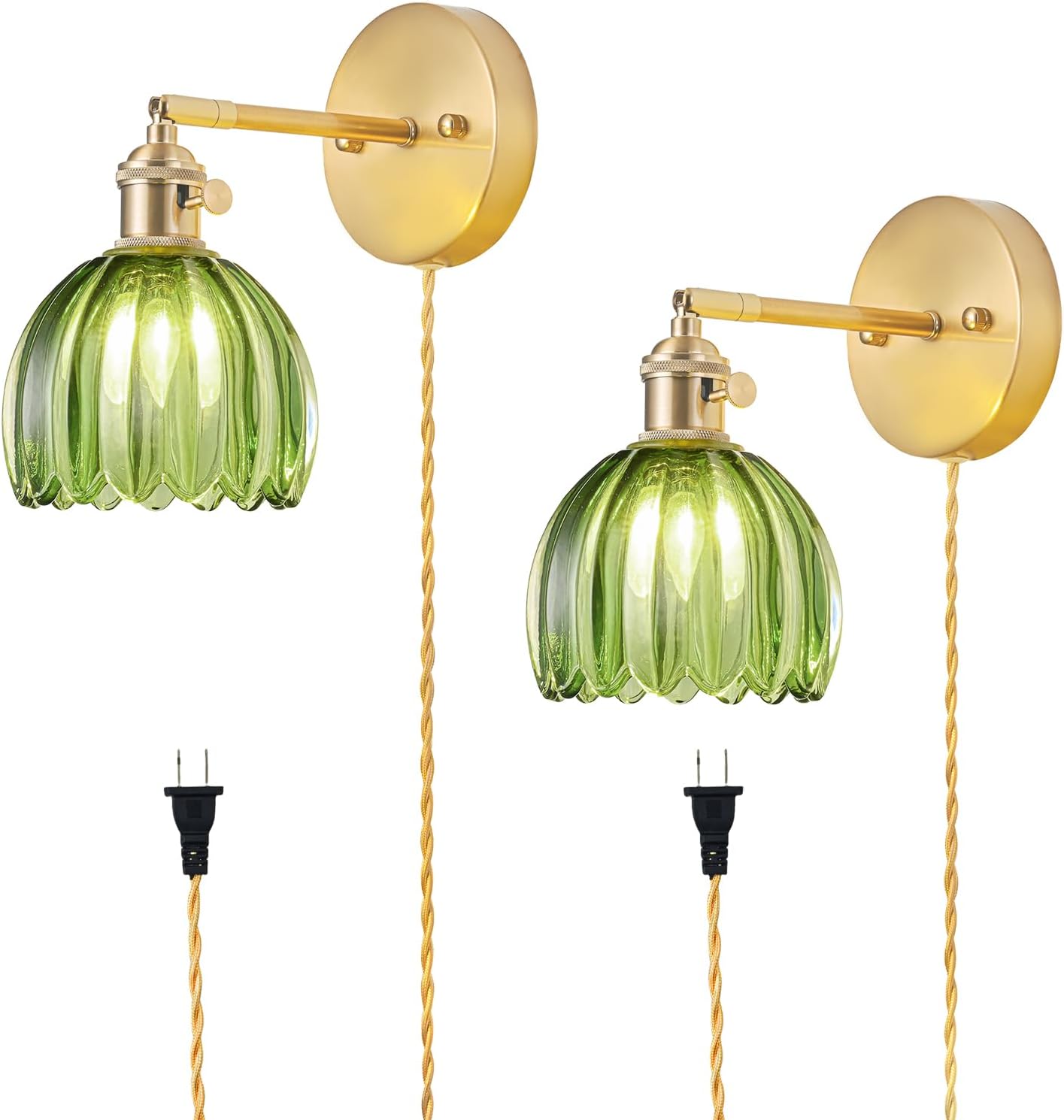 Vintage Plug in Wall Sconces Set of 2 with Green Glass Shade