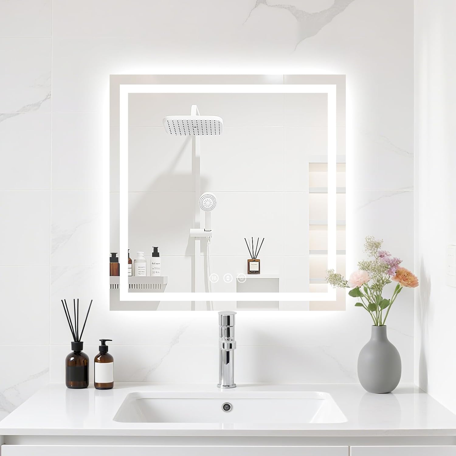 24X24 LED Bathroom Mirror with Lights, Anti-Fog, Dimmable