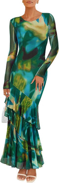 Women's Fall Floral Wedding Guest Bodycon Dress - Elegant Mesh Fit