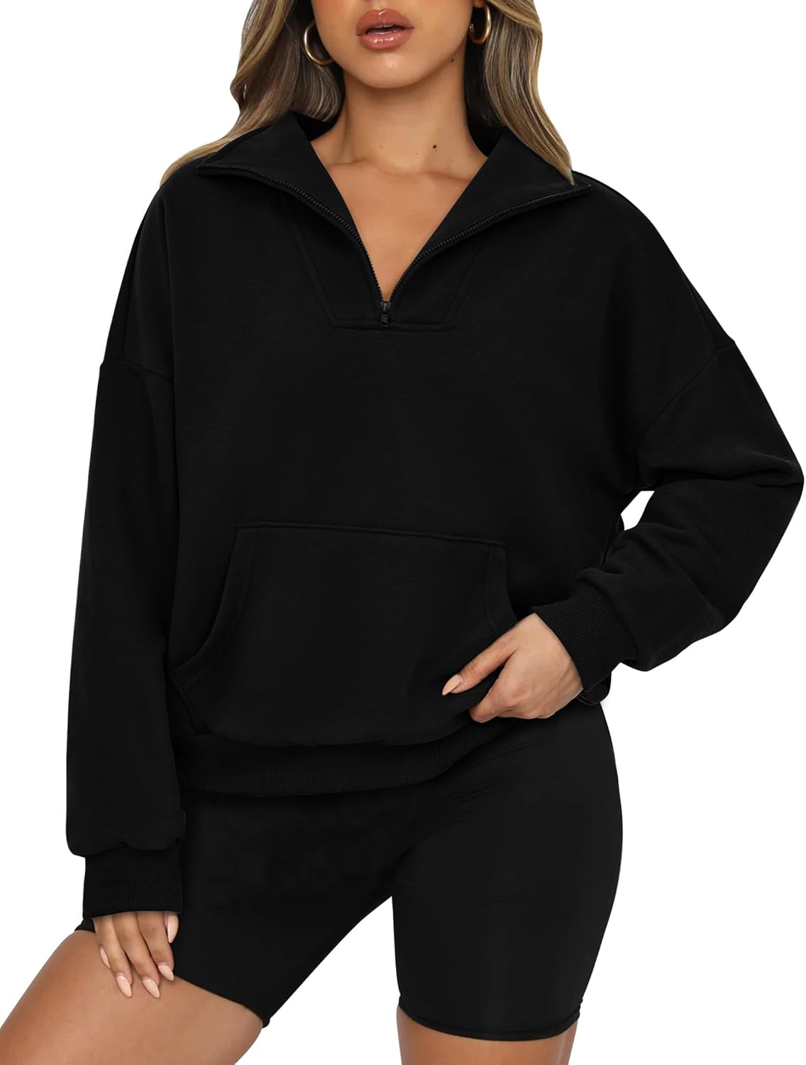 PRETTYGARDEN Womens Quarter Zip Long Sleeve Cropped Sweatshirt