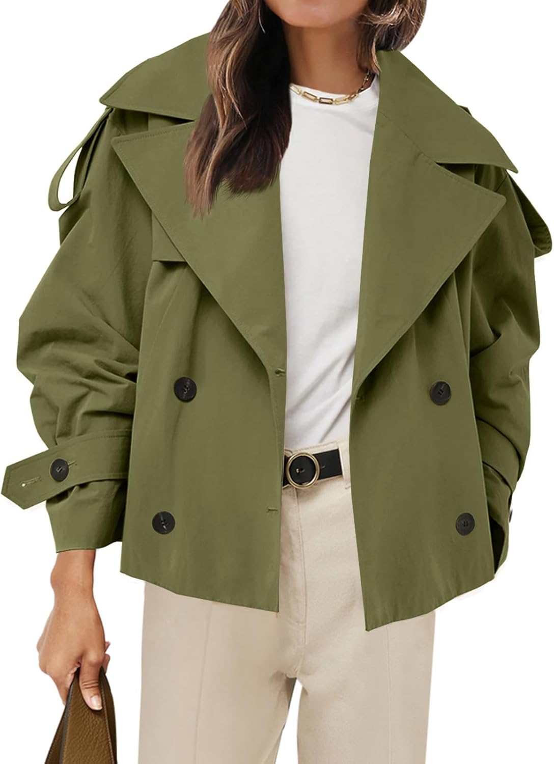Womens Cropped Trench Coat Casual Double Breasted Short Jacket
