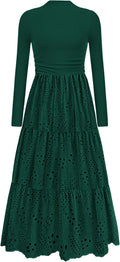Long Sleeve Eyelet Mock Neck Maxi Dress - Elegant A-Line Pockets