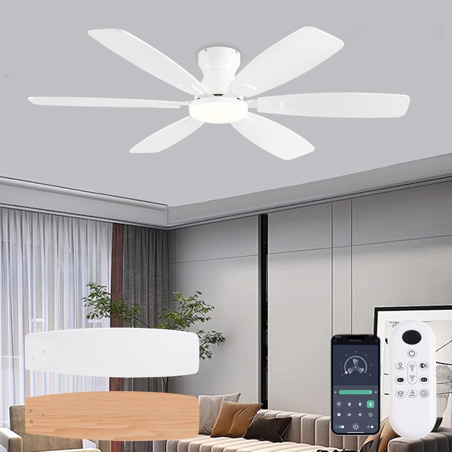 52 Inch Low Profile Ceiling Fan with Light and Remote Control