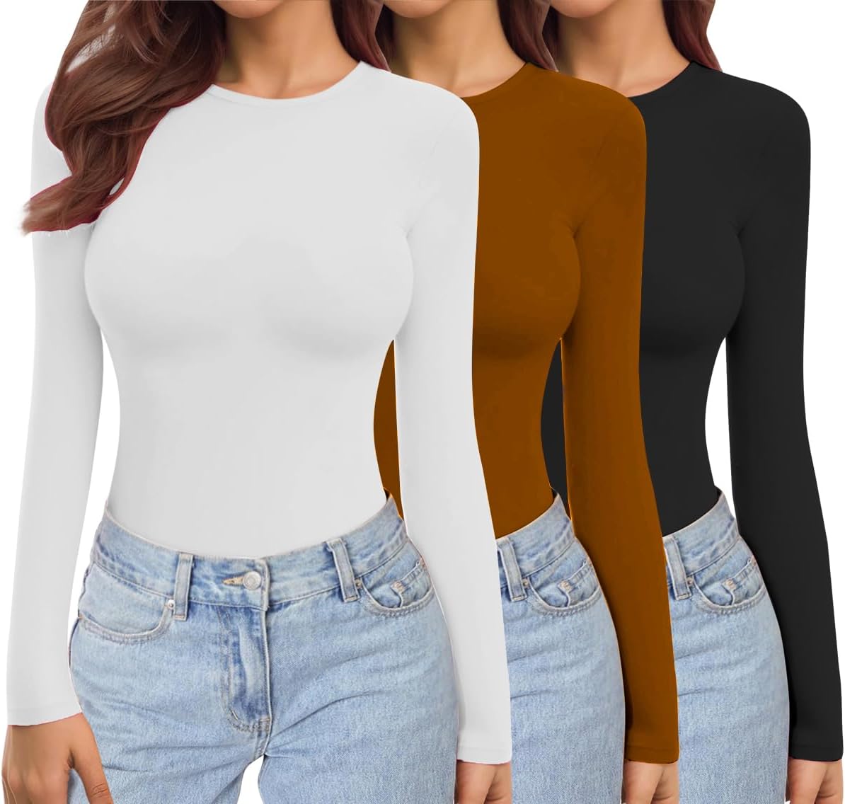 Ekouaer Womens Long Sleeve Shirts 3 Pack Trendy Basic Tops