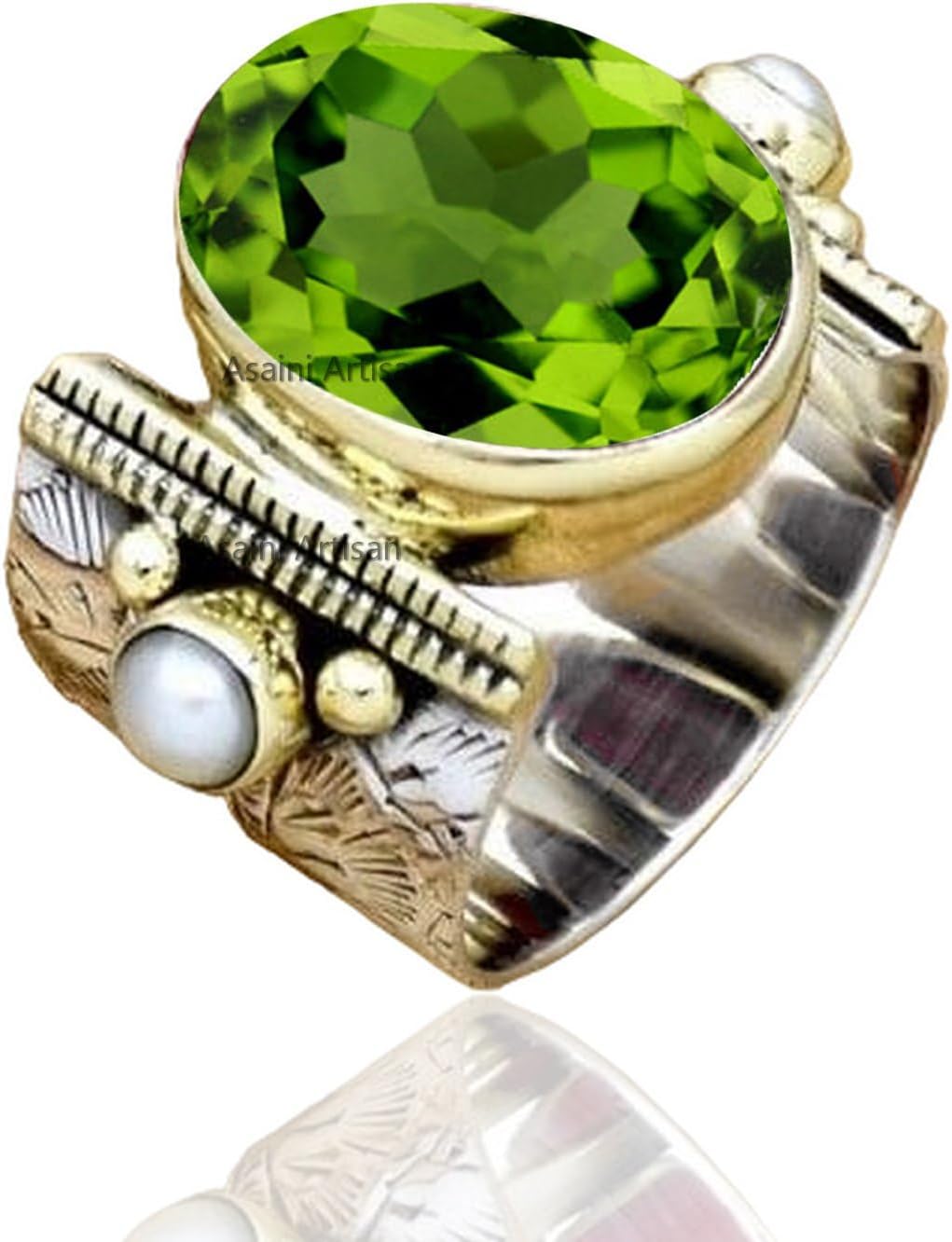 10x14MM Oval Gemstone Sterling Silver Ring with Pearl Accents