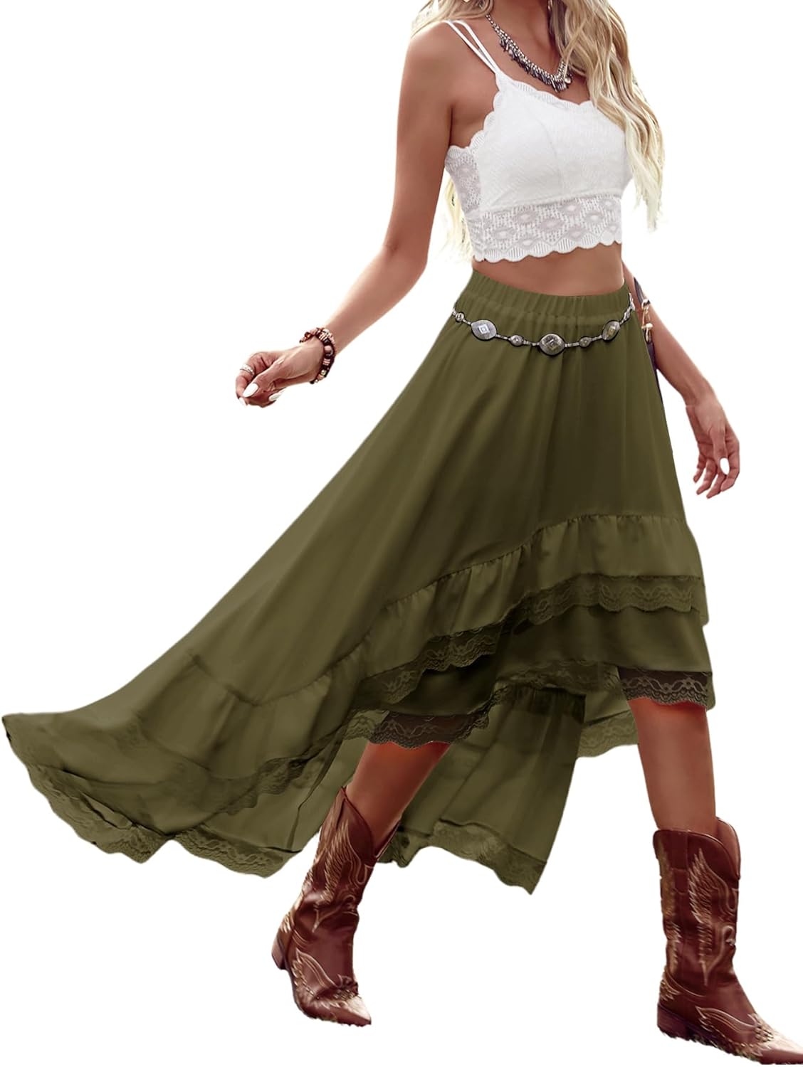 Verdusa Women's Western Boho Lace Ruffle Skirt for Concerts