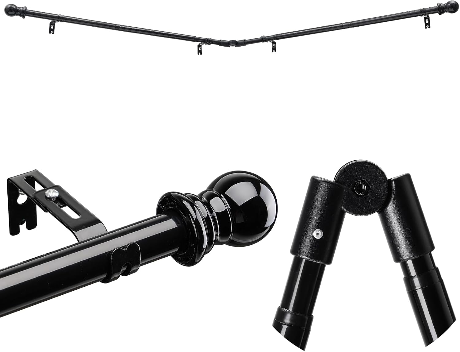 Retractable Bay Window Rod with Blackout Curtain Support