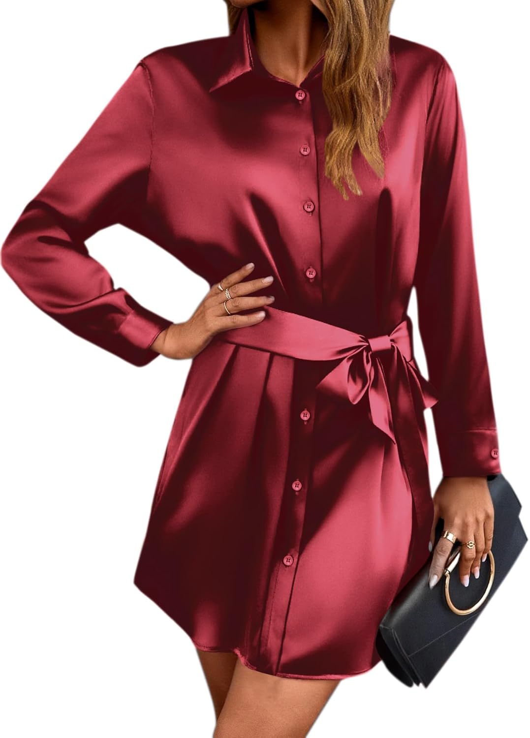 Zeagoo Women's Satin Long Sleeve Dress with Belt for Casual Wear