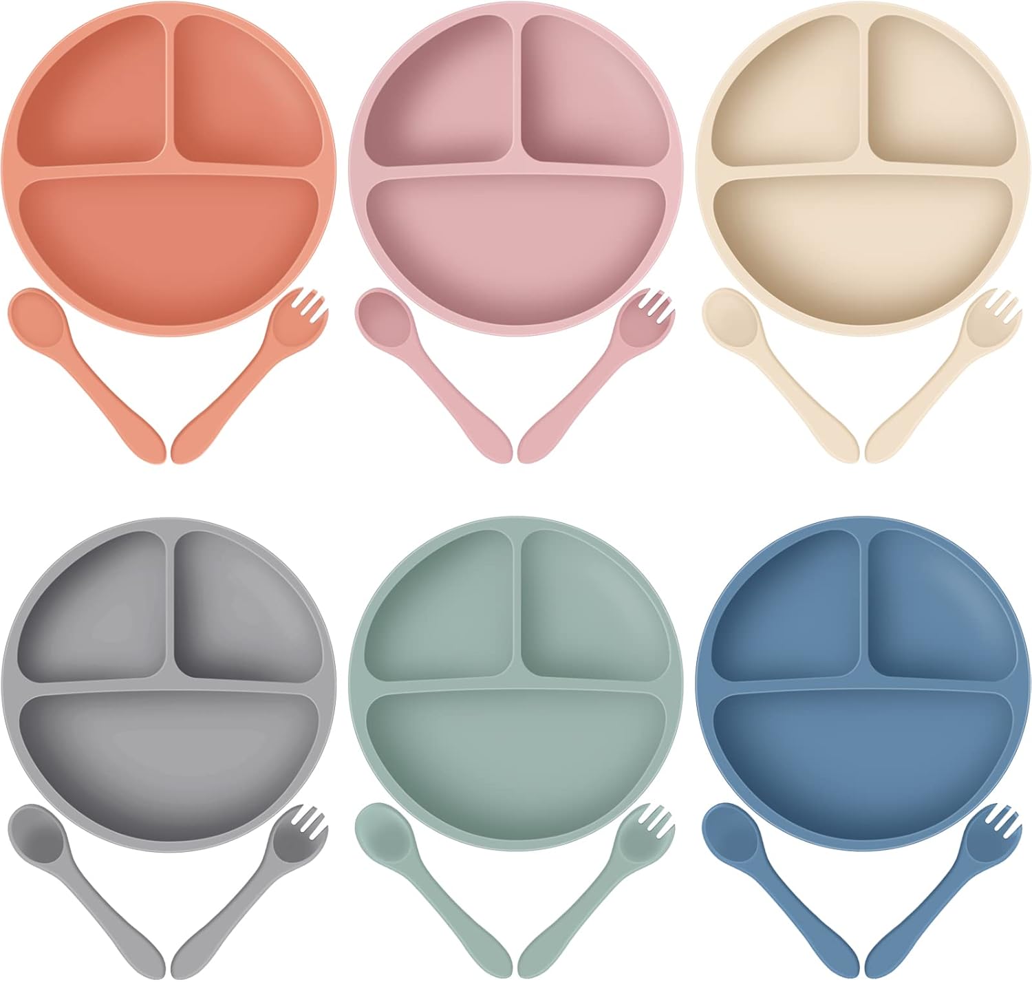 6 Pack Suction Plates for Baby with Spoon Fork Divided Toddler Set