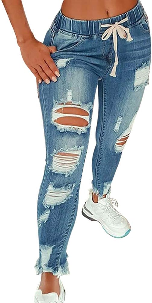 KUNMI Women High Waist Skinny Stretch Ripped Jeans for Comfort