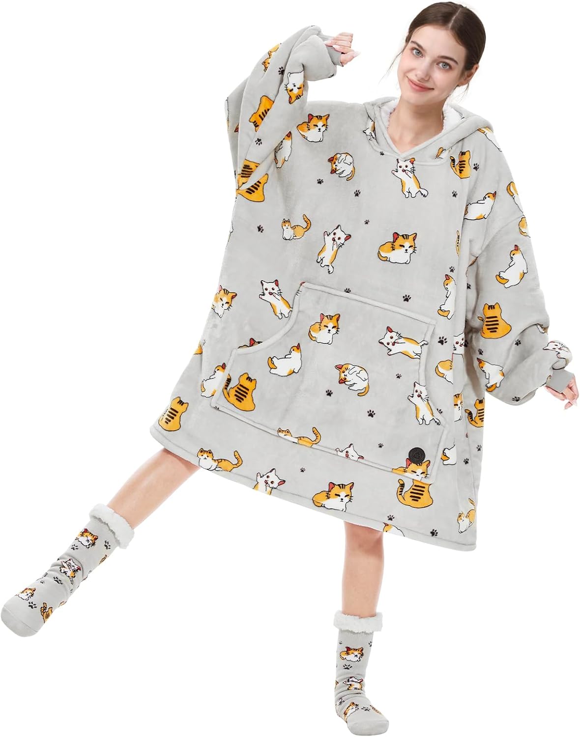 Cozy Oversized Hoodie Blanket Set for All - Cat Print