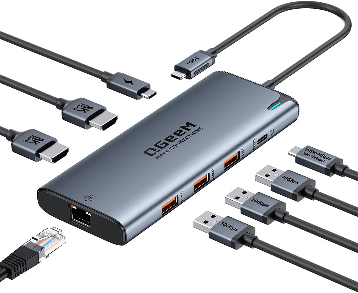 QGeeM USB C Hub 8 in 1 Extender with 8K Dual 4K HDMI Support