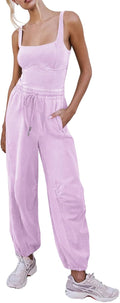 Women's Sleeveless Summer Jumpsuit Square Neck Drawstring Waist two