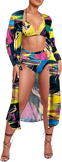 Viottiset Women's Printed 3 Pieces High Waist Bikini Cover Up