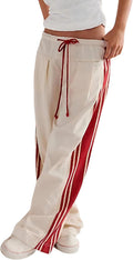 Women's Wide Leg Pants Drawstring High Rise Side Striped Palazzo