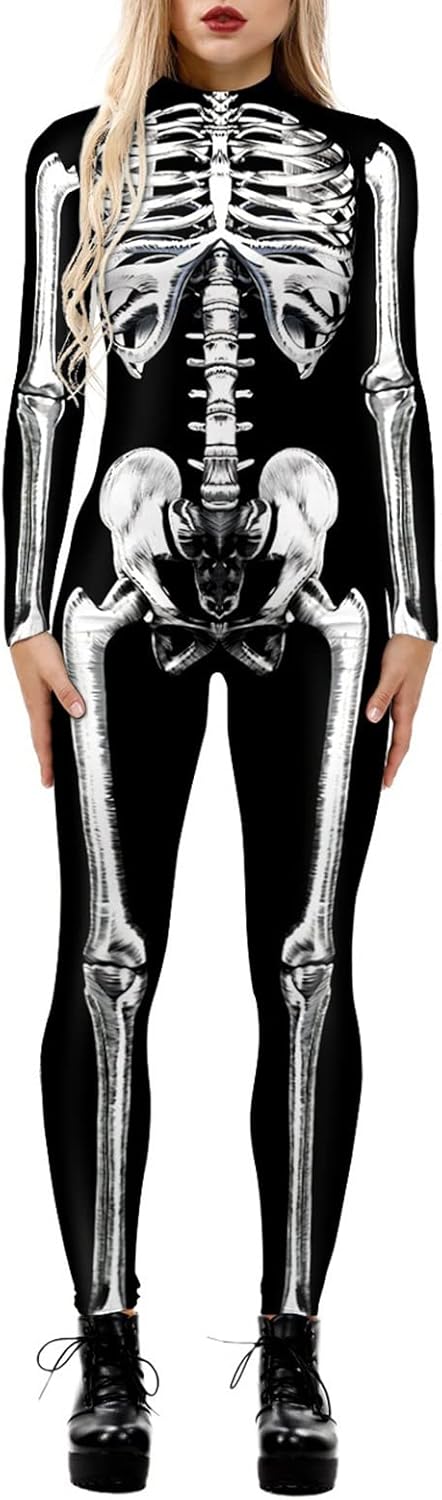 Fixmatti Women Halloween Party Costume Skull Print Jumpsuit Outfit