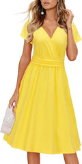 OUGES Women's Summer V-Neck Floral Short Party Dress with Pockets Wrap