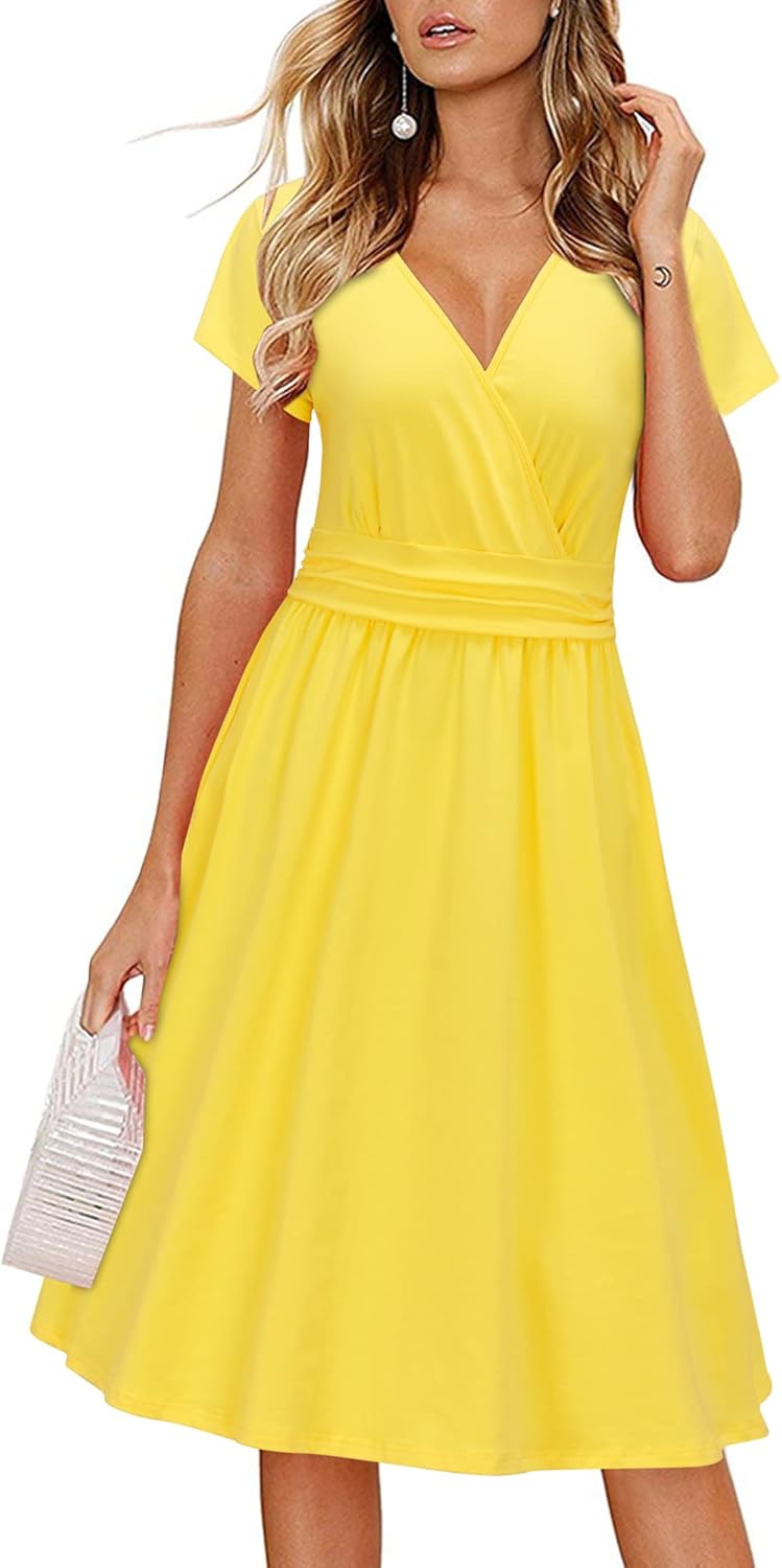 OUGES Women's Summer Short Sleeve V-Neck Floral Dress with Pockets