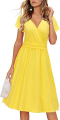OUGES Women's V-Neck Short Sleeve Floral Midi Dress with Pockets