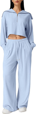 Women Cozy 2 Piece Lounge Set Wide Leg Sweatpants Half Zip Crop