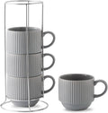 Hasense Coffee Mugs Set of 4 with Holder - 15 oz Ribbed Grey Cups