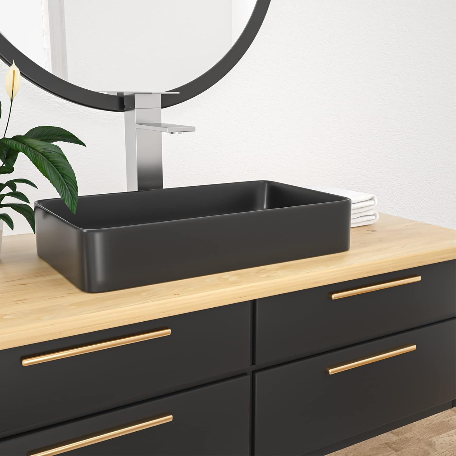 Kichae Black Vessel Sink Rectangle - Modern Matte Black Design