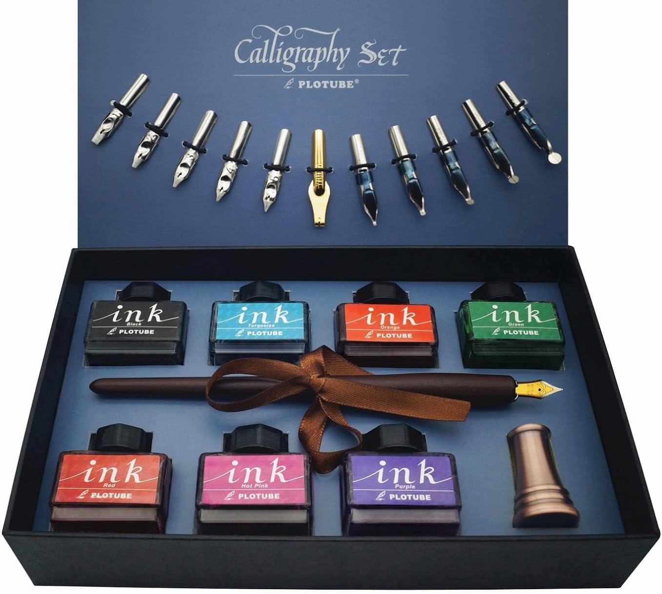 Calligraphy Pen Set with Wooden Dip Pen and 7 Ink Colors