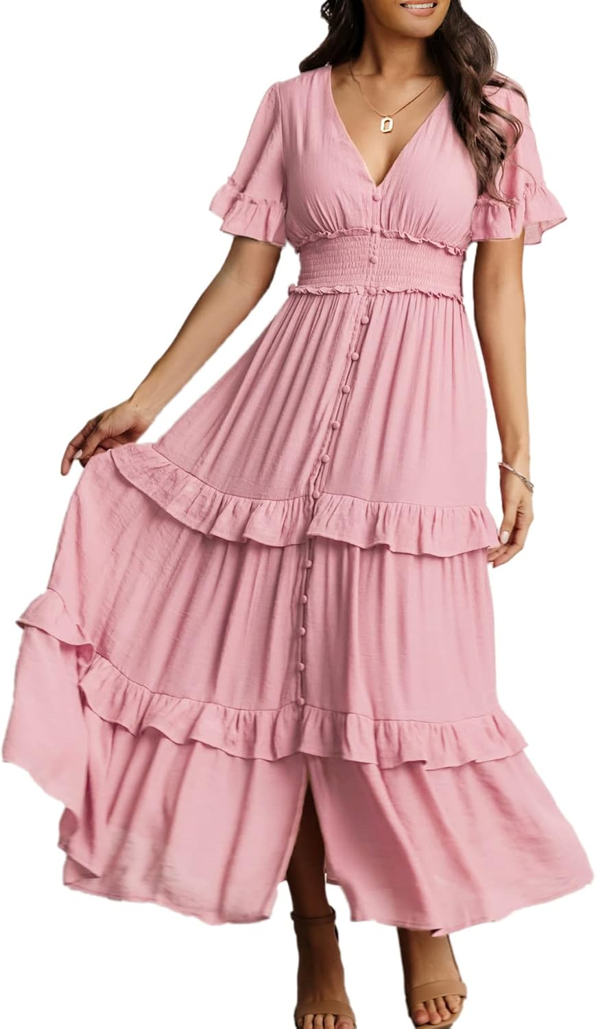 Amegoya Women's V Neck Long Sleeve Boho Maxi Dress for Summer