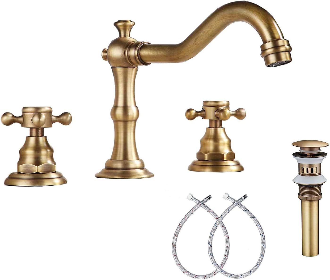 Antique Brass Widespread Bathroom Sink Faucet with Pop Up Drain