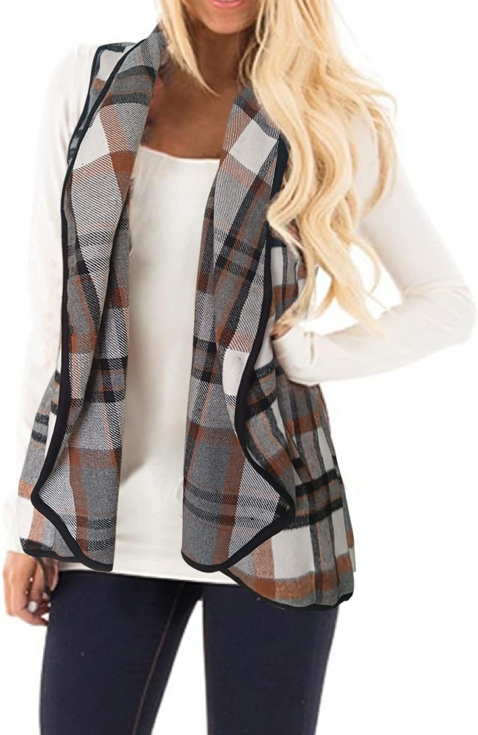 Stylish Women Plaid Vest Lapel Open Front Sleeveless Jacket
