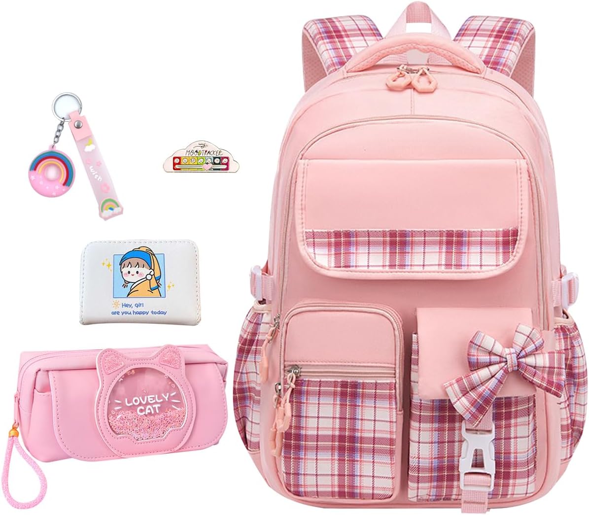 5Pcs Pink Backpack Set for School Girls - Stylish Plaid Design