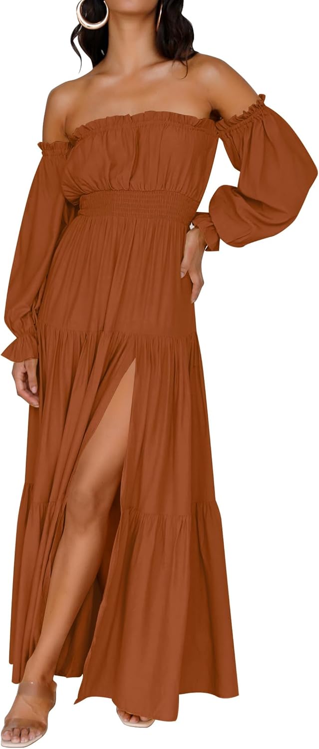 ZESICA Women's Boho Off Shoulder Long Sleeve Maxi Dress