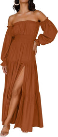 Boho Off Shoulder Smocked High Waist Tiered Maxi Dress - Flowy Split