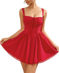 Womens Summer Mini Dress Square Neck Tie Front - Flattering Short