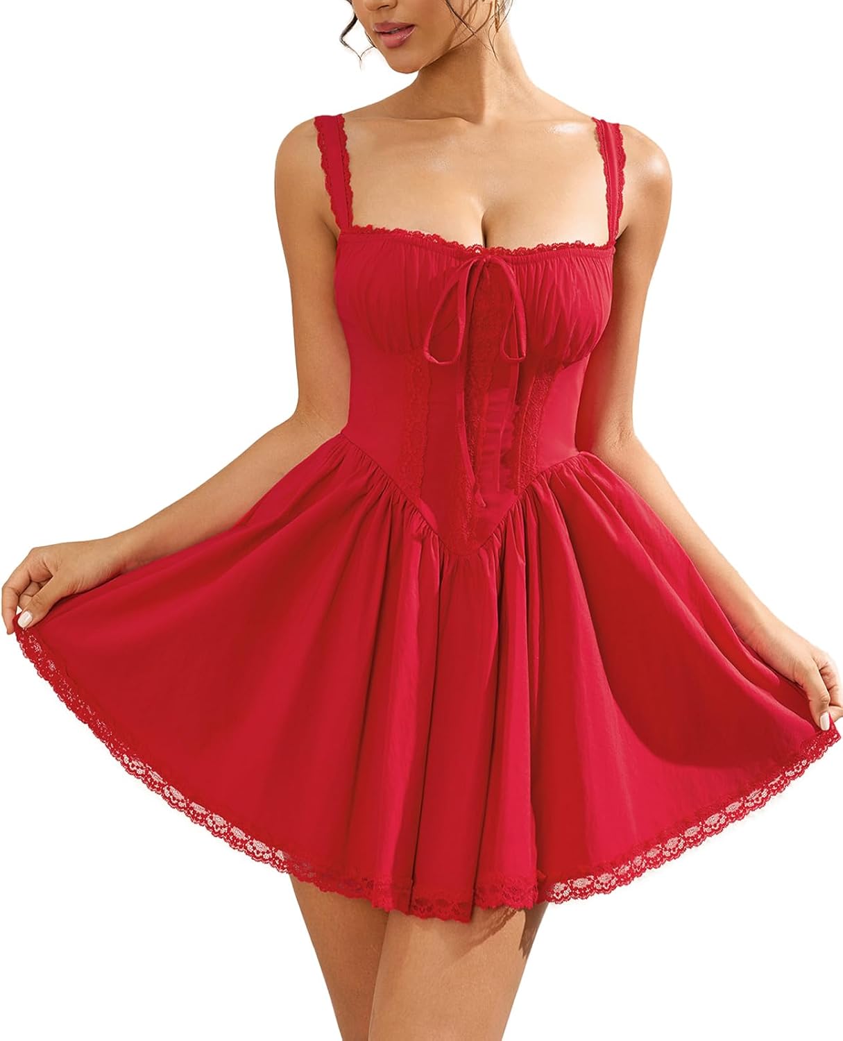 Womens Summer Mini Dress Square Neck Tie Front Lace Spliced
