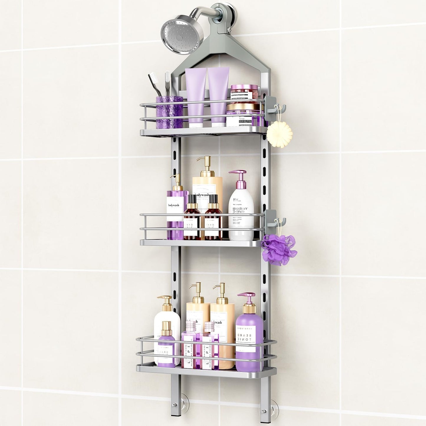 Height-Adjustable Shower Caddy with Anti-Swing Design for Storage