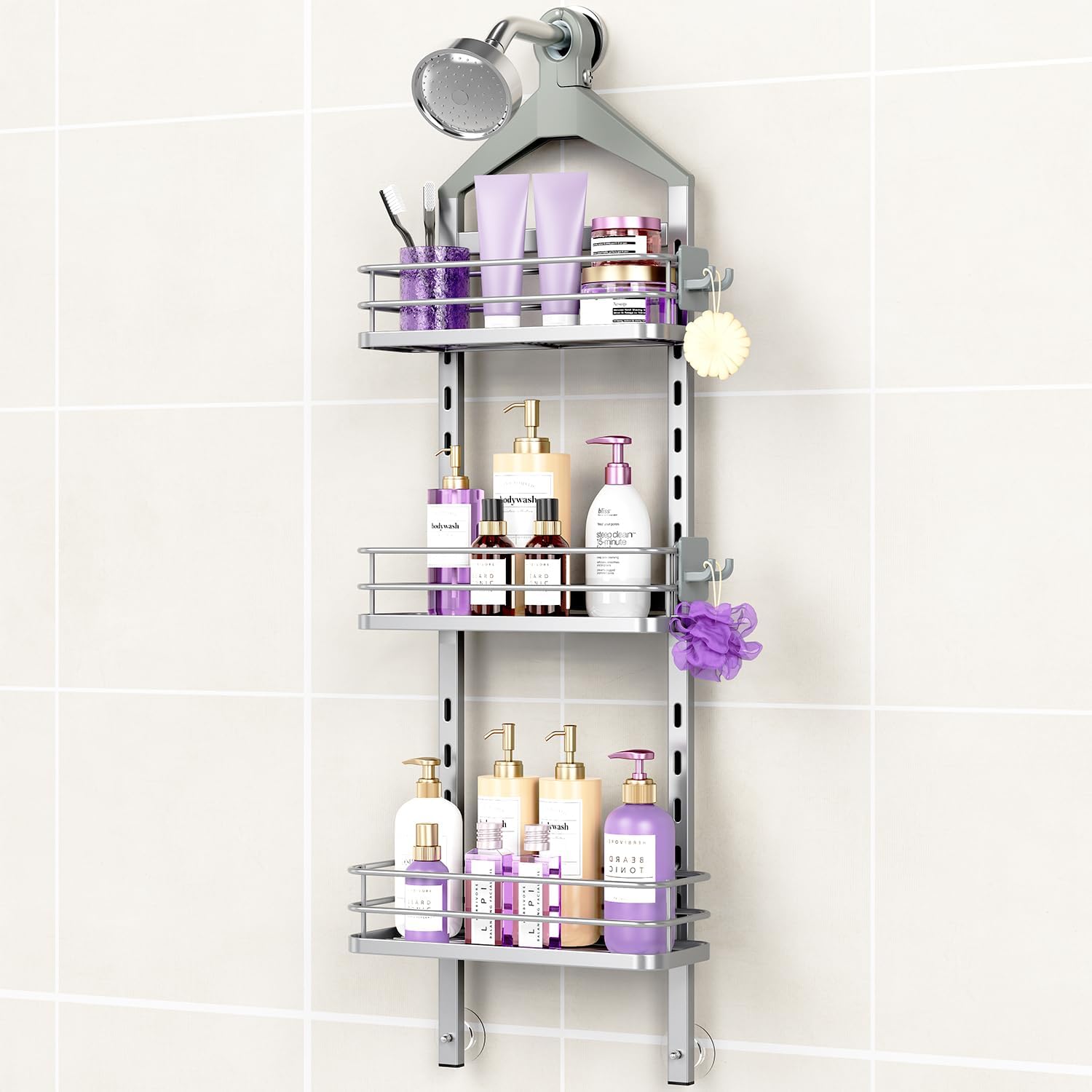 Height-Adjustable Shower Caddy with Anti-Swing Design for Storage