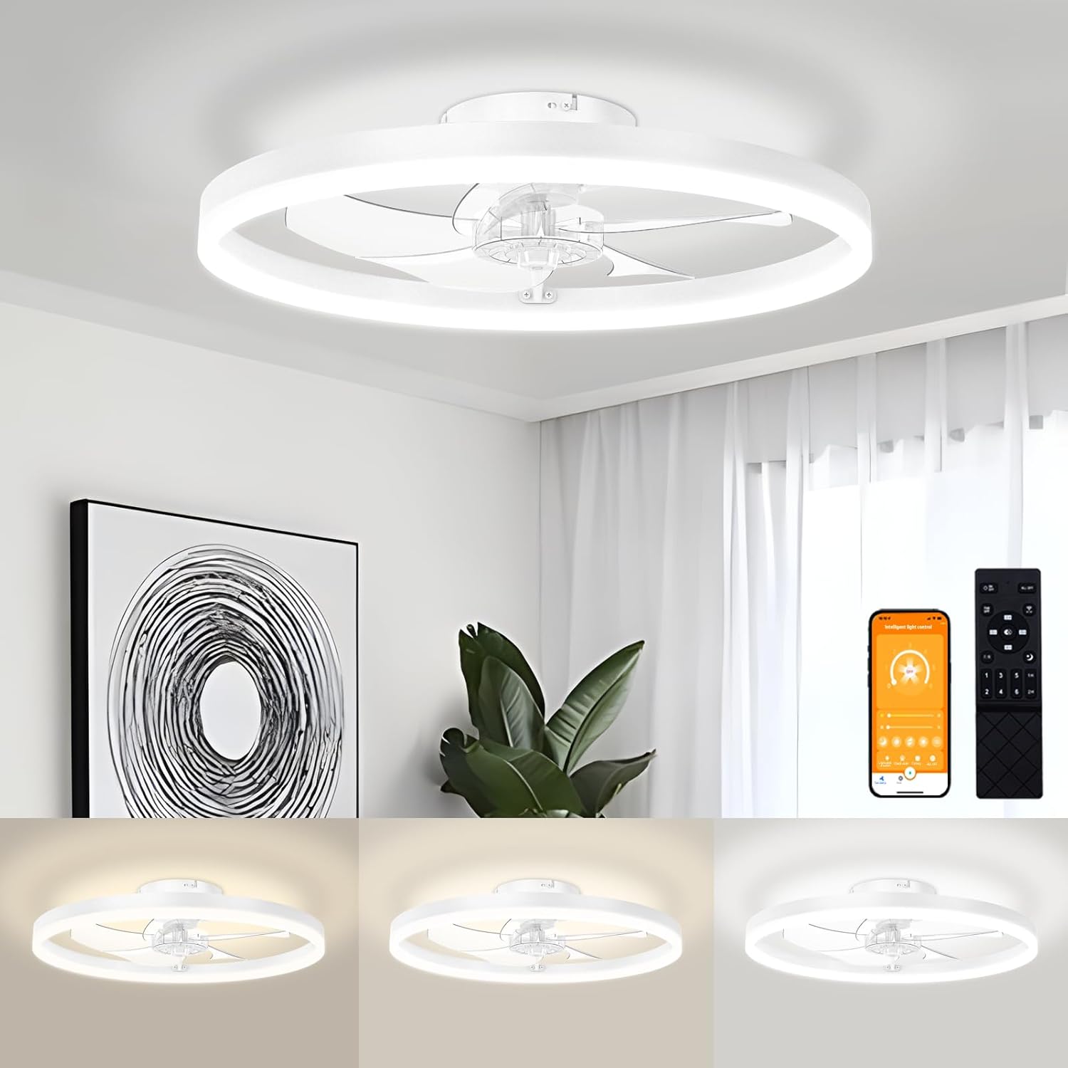 VOLISUN Low Profile Ceiling Fan with Light and Remote Control