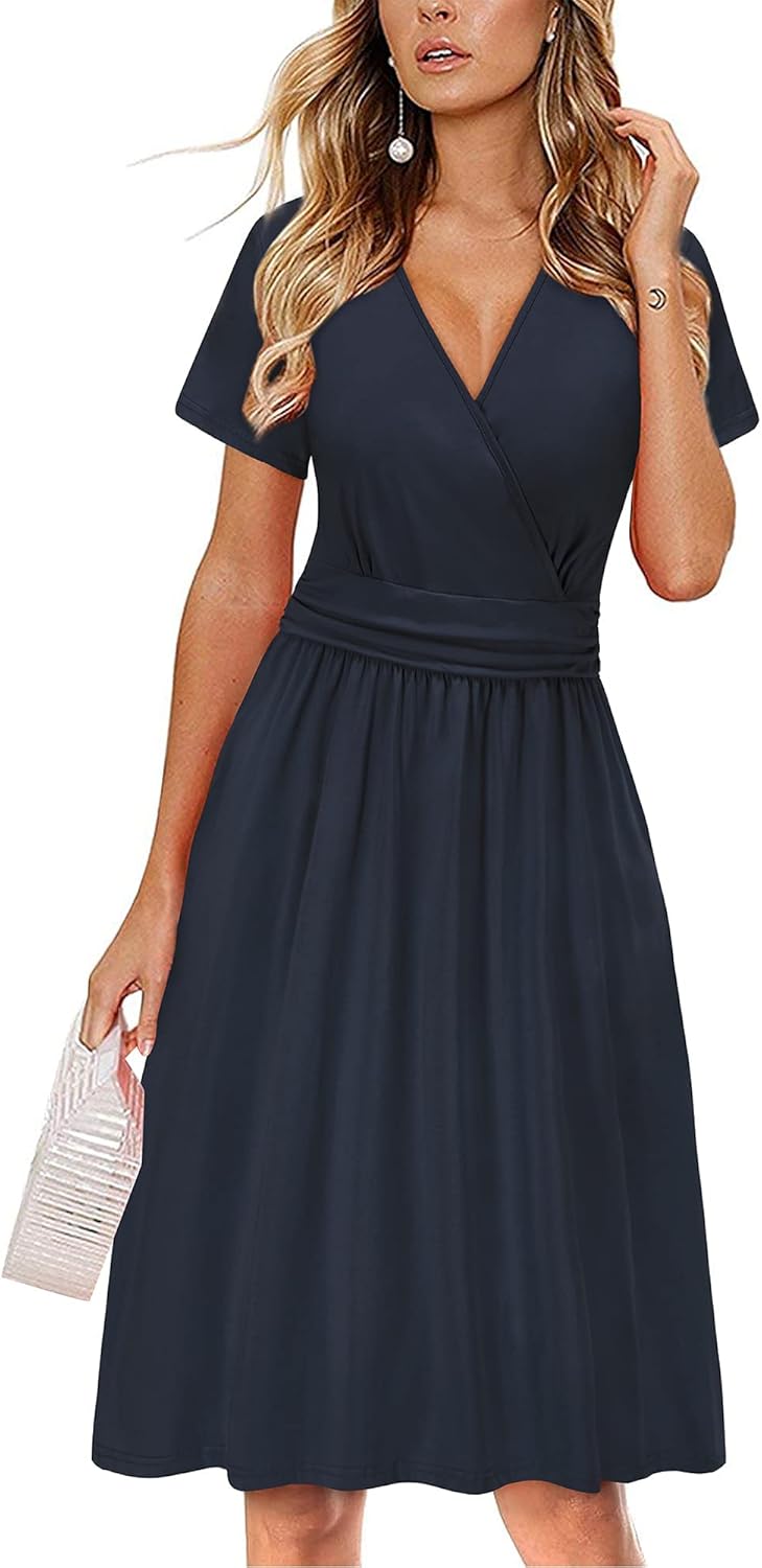 OUGES Women's Summer Short Sleeve V-Neck Floral Dress with Pockets