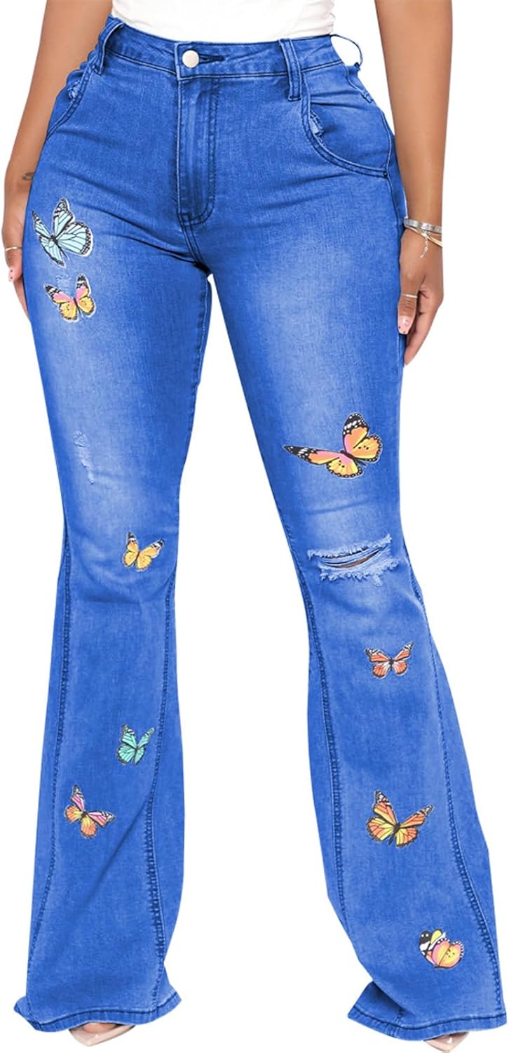 Women's Butterfly Bell Bottom Jeans for Chic Summer Style