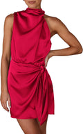Women's Short Satin Mock Neck Dress - Tie Waist Summer Cocktail
