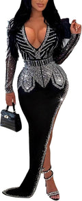 Rhinestone and Sequin Birthday Party Deep V Dress - Sparkling Club