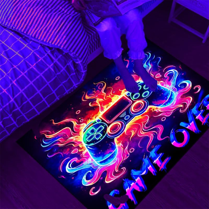 Glow-in-the-Dark Gaming Area Rug - UV Reactive Controller Design - Non-Slip Flannel Mat