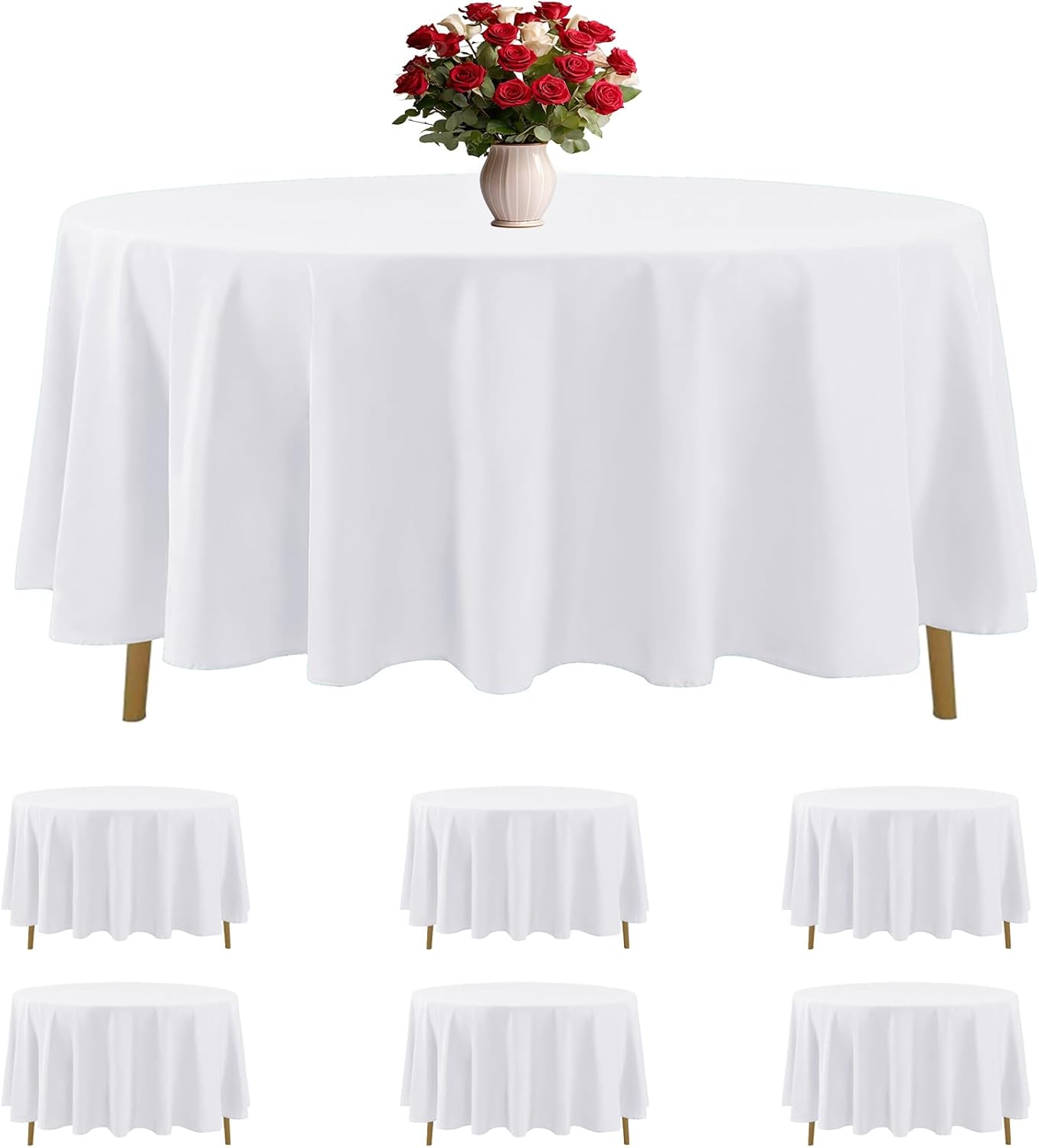 6 Pack White Round Tablecloths for Weddings and Parties