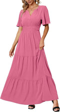 Amegoya Women's Summer Boho Maxi Dress - Flowy V-Neck Empire Waist