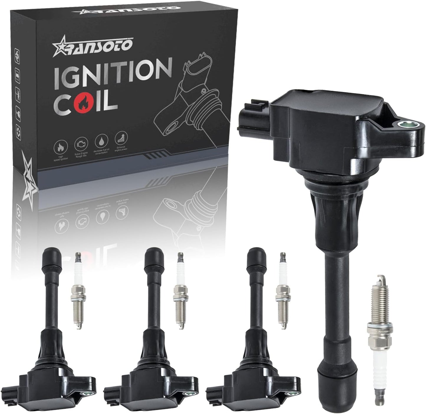 RANSOTO Ignition Coil Pack & Iridium Spark Plug for Nissan