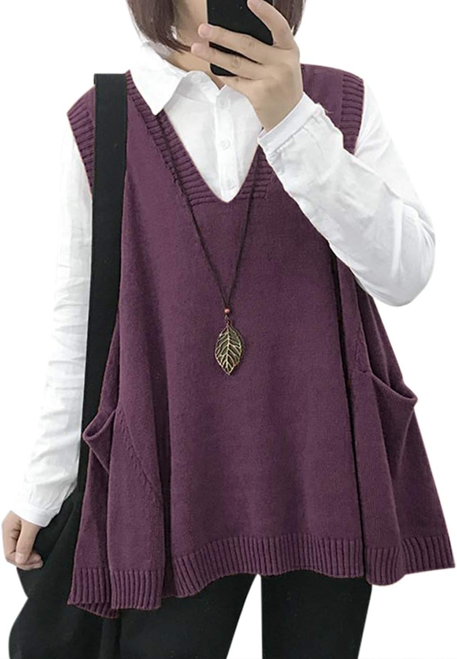 YESNO Oversized Cotton Sweater Vest with Cute Drop Pockets