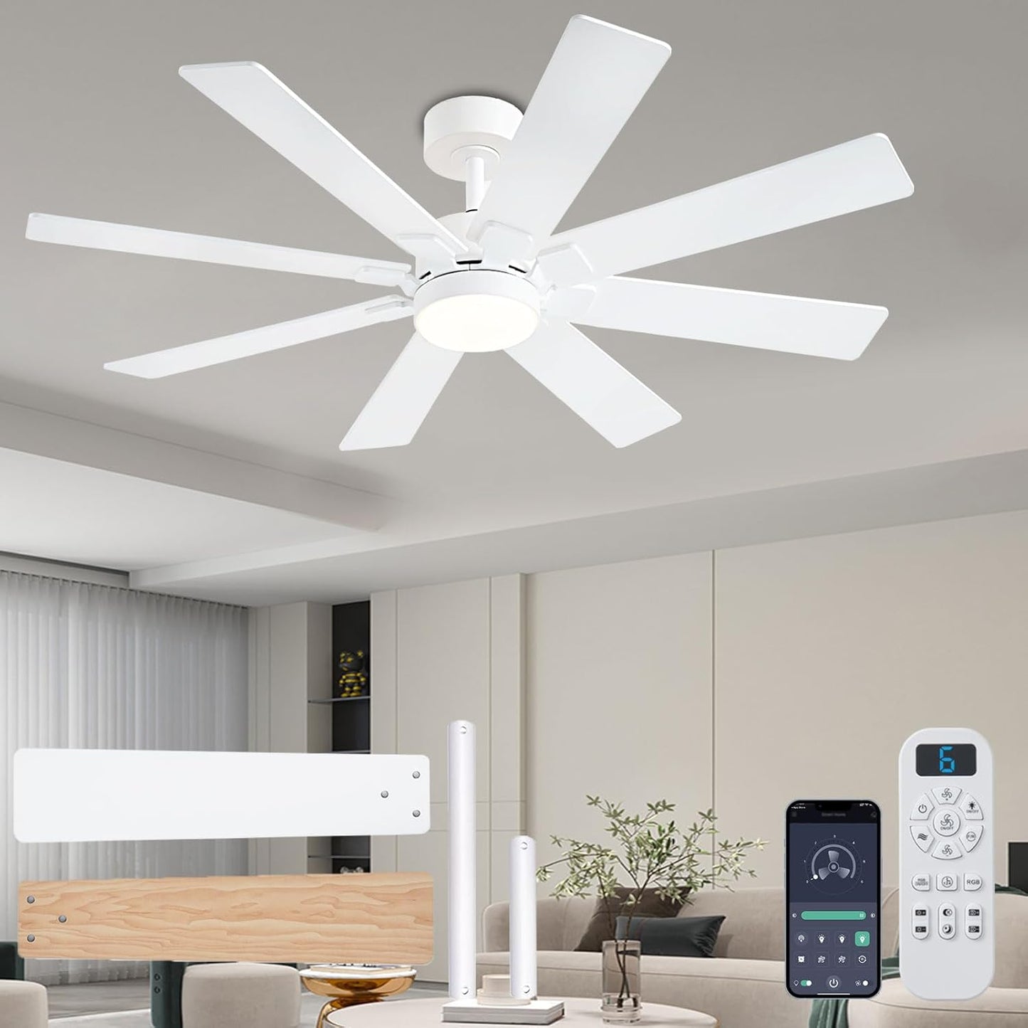 48 Inch White Ceiling Fan with Lights and Remote Control Features