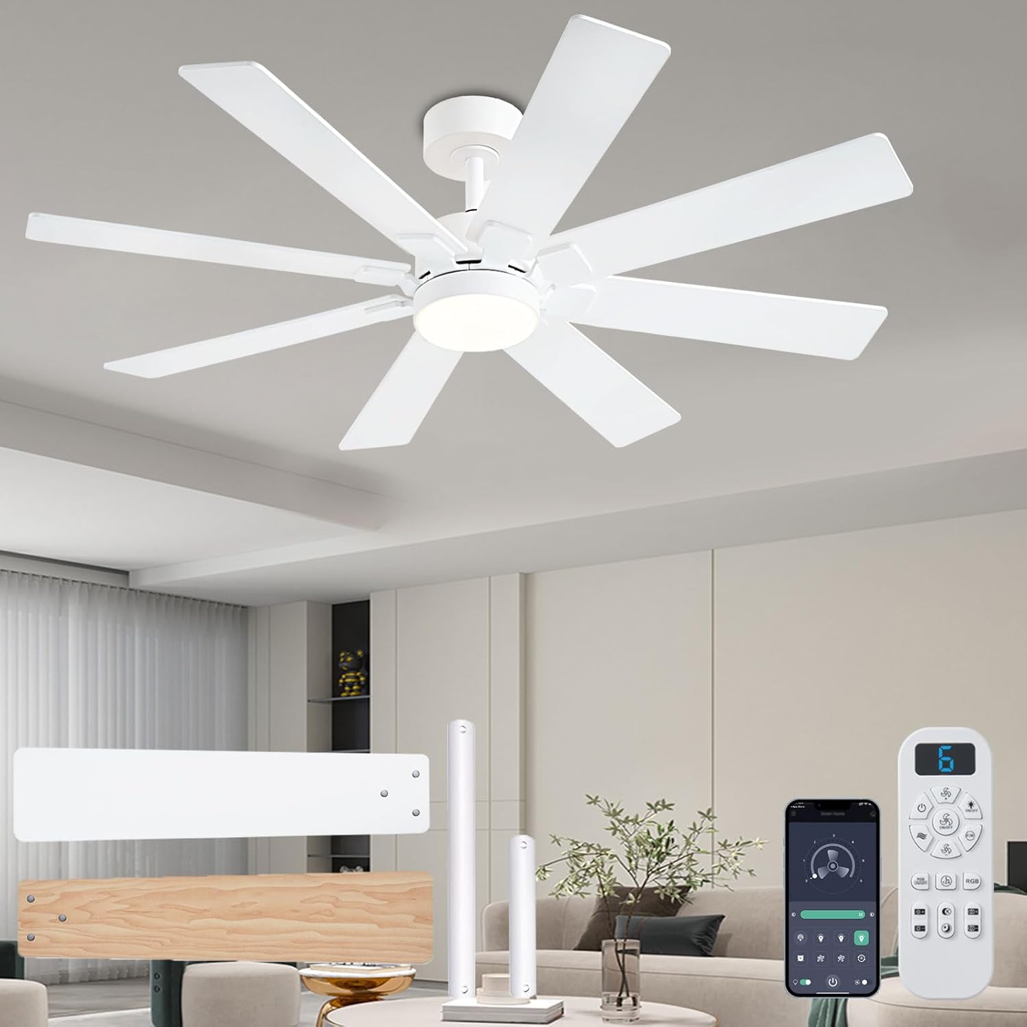 48 Inch White Ceiling Fan with Lights and Remote Control Features